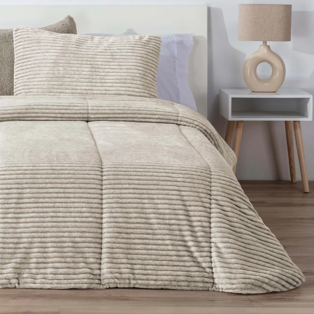 Edredón beige sherpa/borreguito jaspeado rayas modelo Lines Melange (1)
