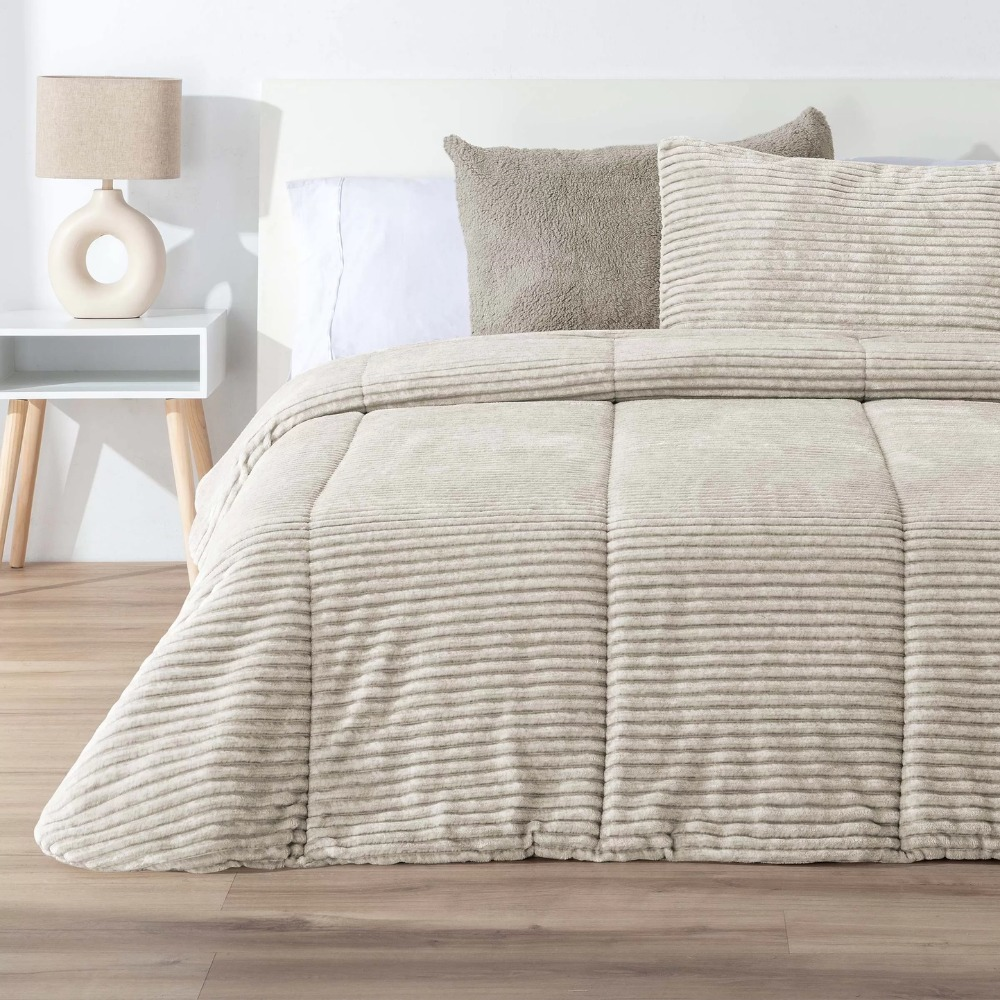 Edredón beige sherpa/borreguito jaspeado rayas modelo Lines Melange (4)