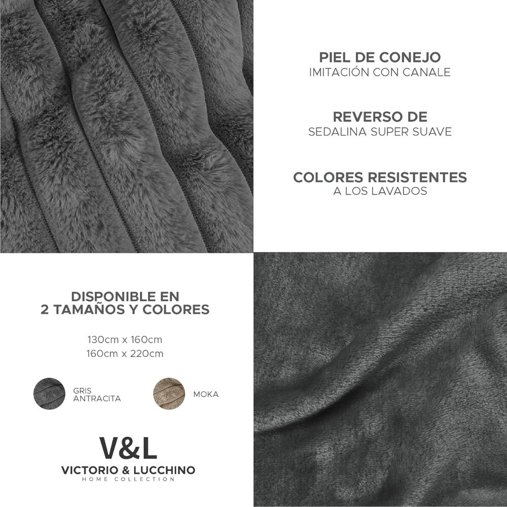Manta Plaid Victorio & Lucchino Imitación Piel De Conejo Canalé con Reverso Sedalina color gri (1)