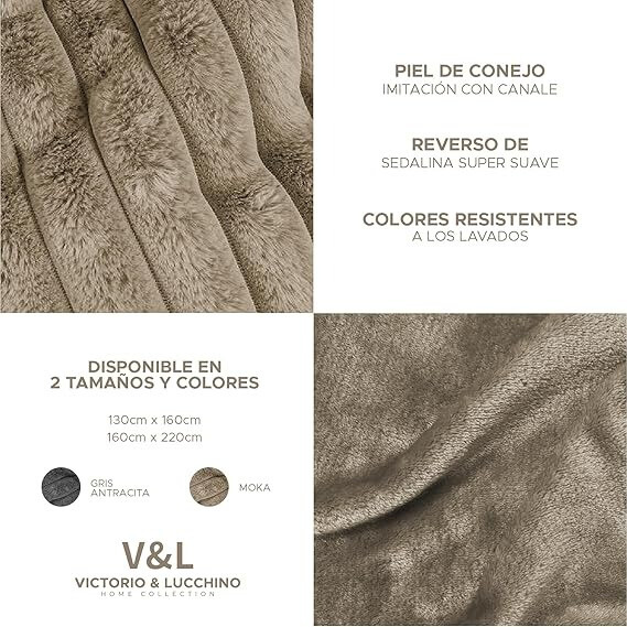 Manta Plaid Victorio & Lucchino Imitación Piel De Conejo Canalé con Reverso Sedalina color moka (1)