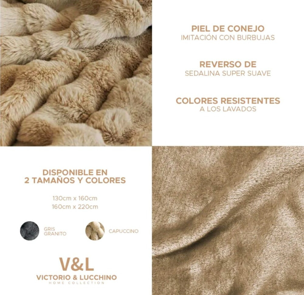 Manta Plaid Victorio & Lucchino Piel De Conejo Imitación con Reverso Sedalina - Manta Suave color Capuchino (4)